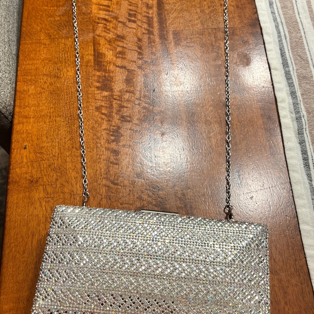 Nina Silver Crystal Clutch with Chain